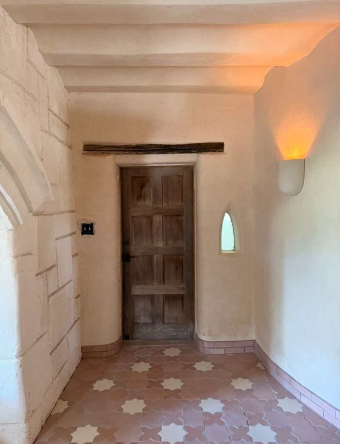 Interior hallway with wood door and star tile floor