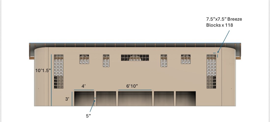 Exterior elevation with breeze block schedule and opening dimensions