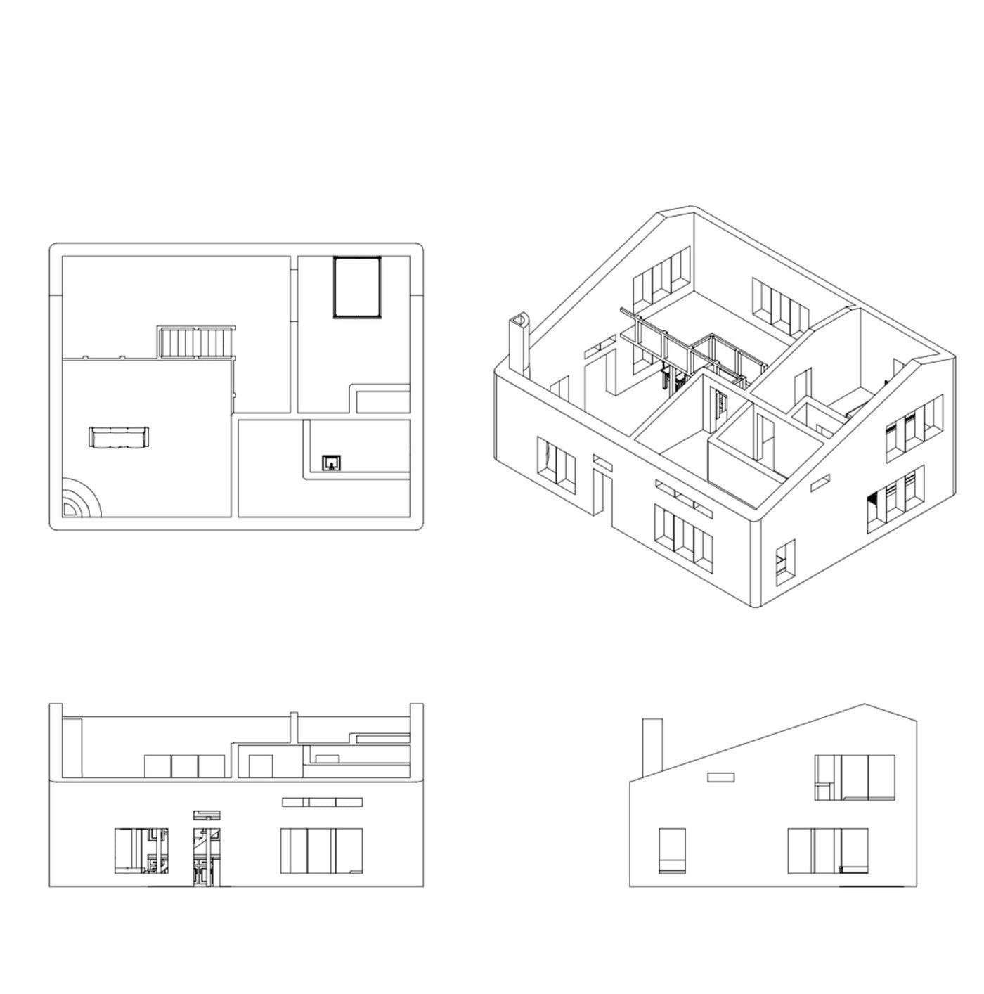 Floor plan, isometric cutaway and two exterior elevations of a two story cob home