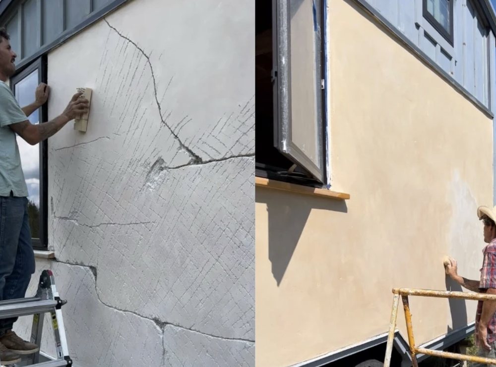 Cracked exterior wall scratched back, then refinished smooth in warm cream