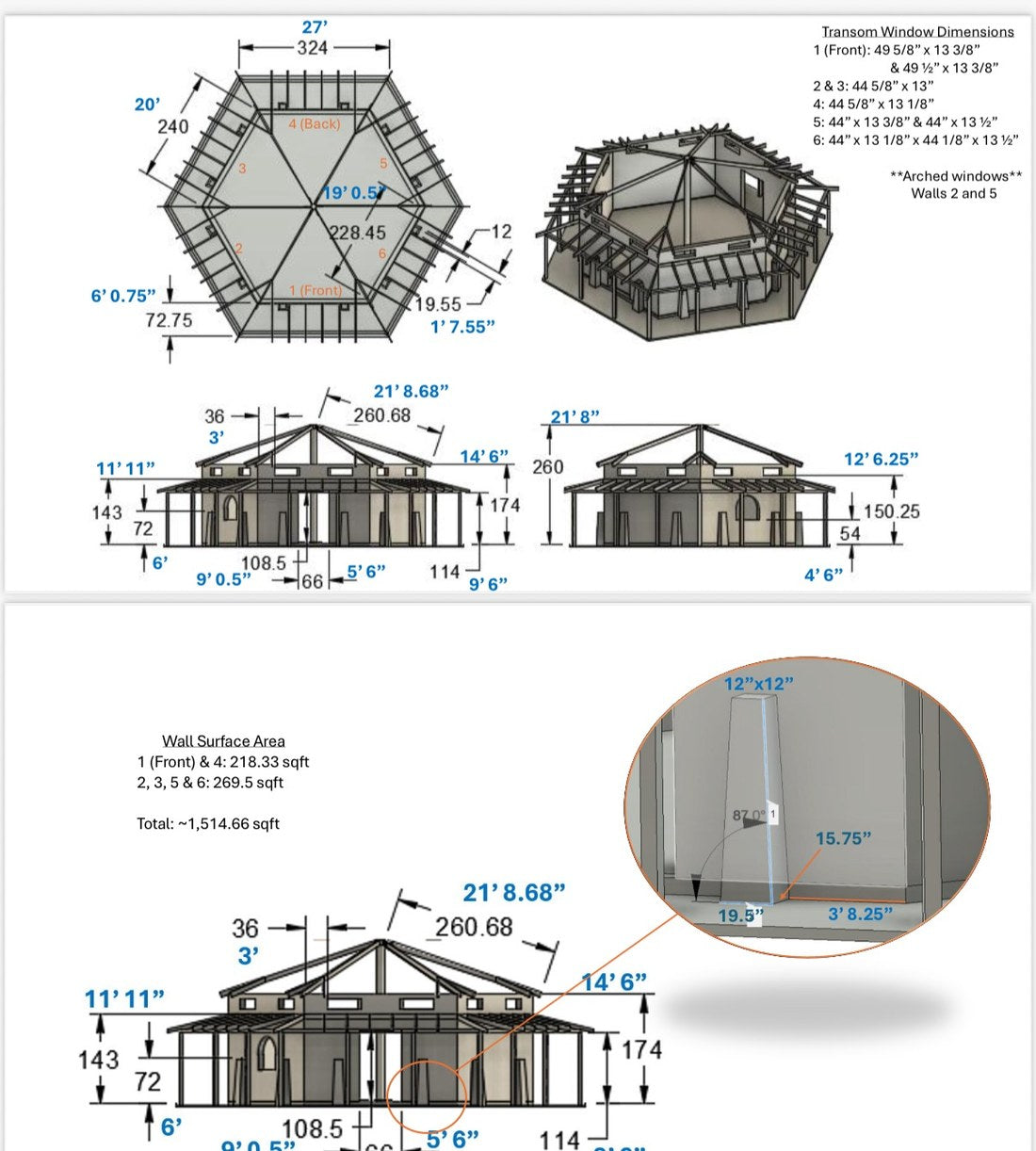 Dimensioned floor plan, elevations, transom window schedule and wall surface area takeoff