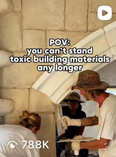 Reel: crew plastering an arched entry, for anyone done with toxic building materials
