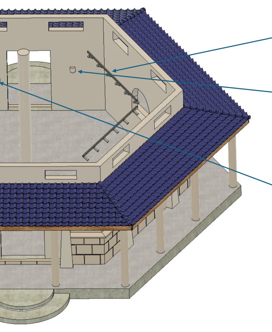 Cutaway model showing roof structure, interior walls and fixture callouts