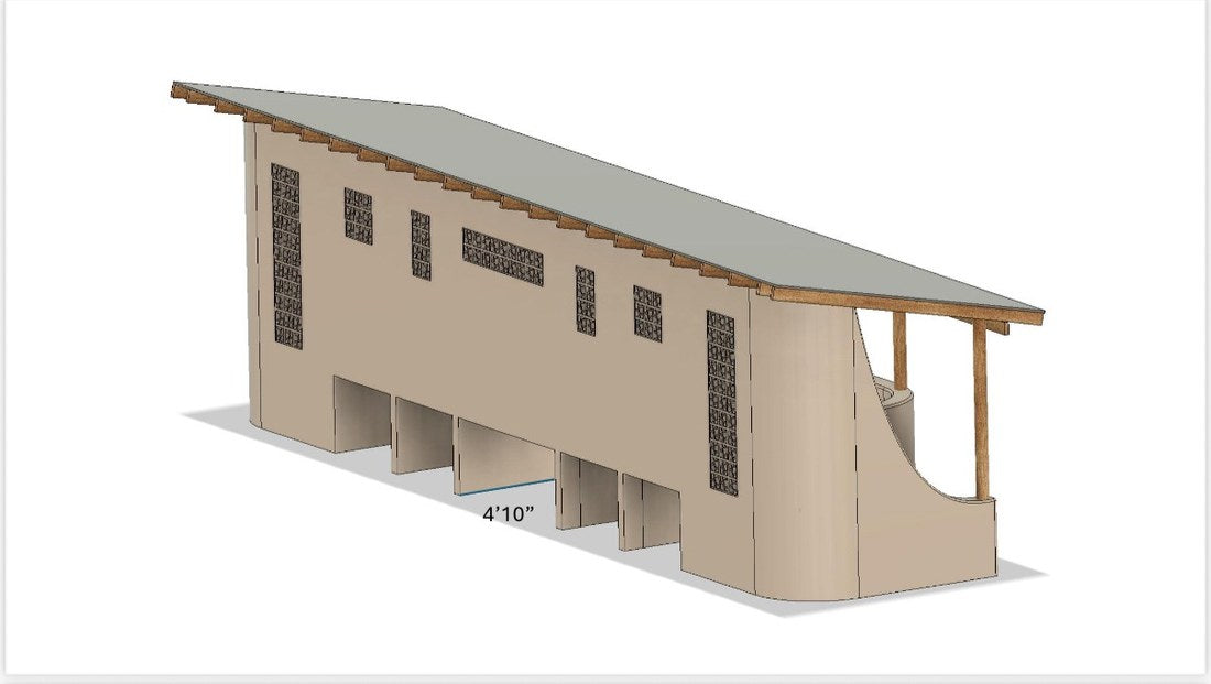 3D view of the long elevation with breeze block openings and shed roof