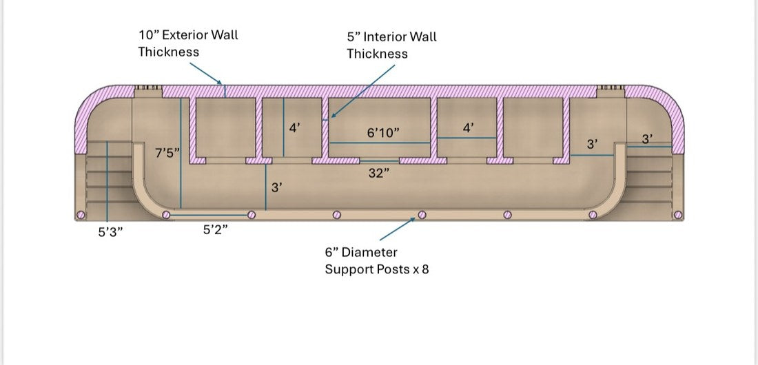 Floor plan with 10 inch exterior and 5 inch interior wall thickness and eight support posts