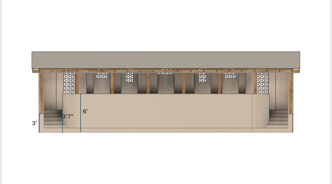Interior elevation showing roof structure, stairs and stall dimensions