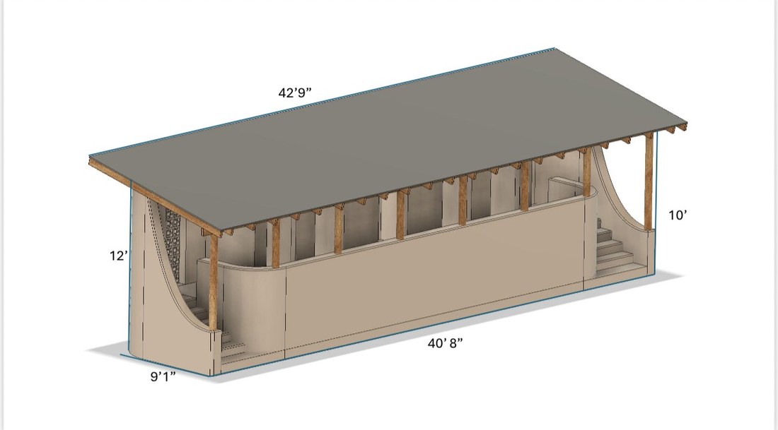 Dimensioned 3D view showing overall length, wall height and shed roof overhang