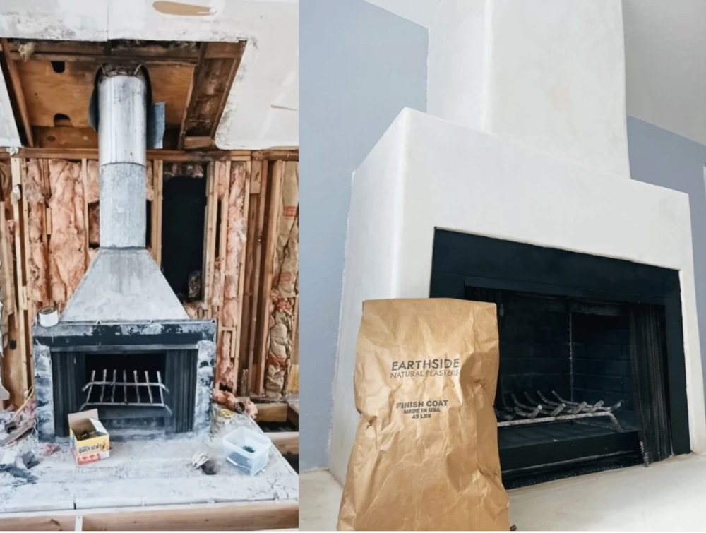 Fireplace stripped to framing, then finished in white lime plaster