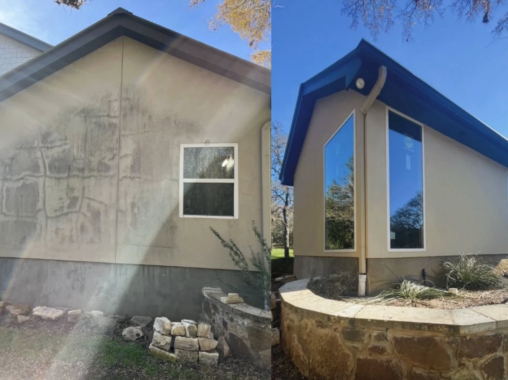 Weathered and stained exterior wall, then cleaned and refinished