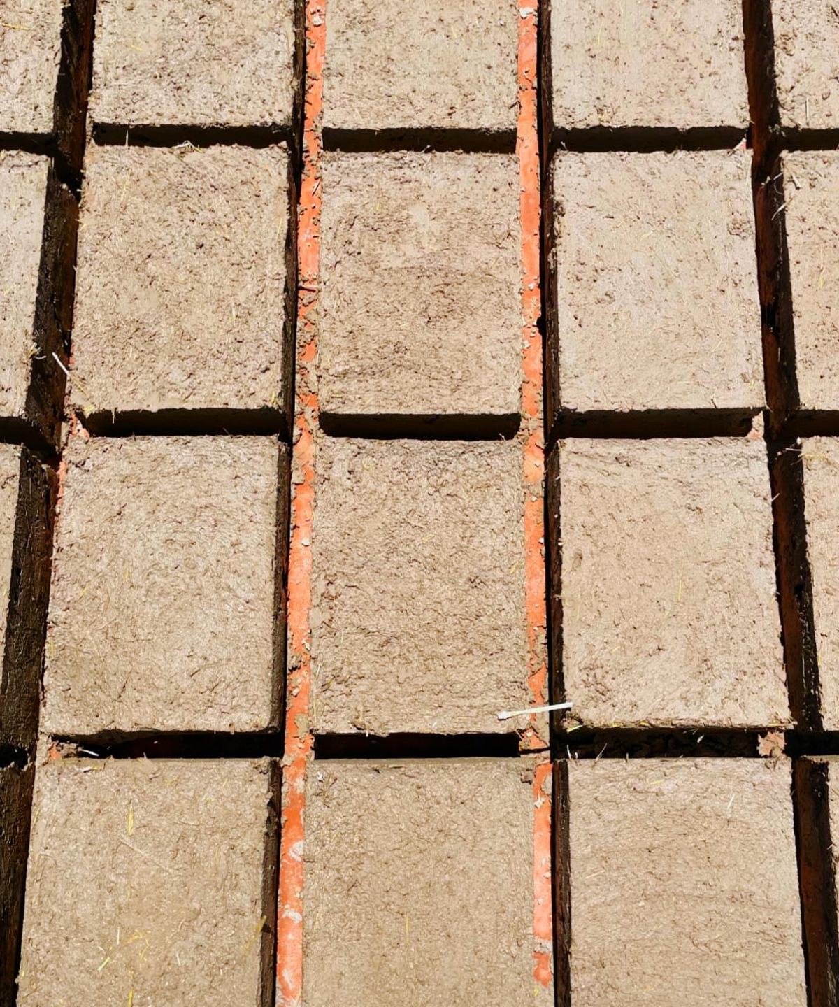 Rows of straw-flecked adobe bricks curing in the sun
